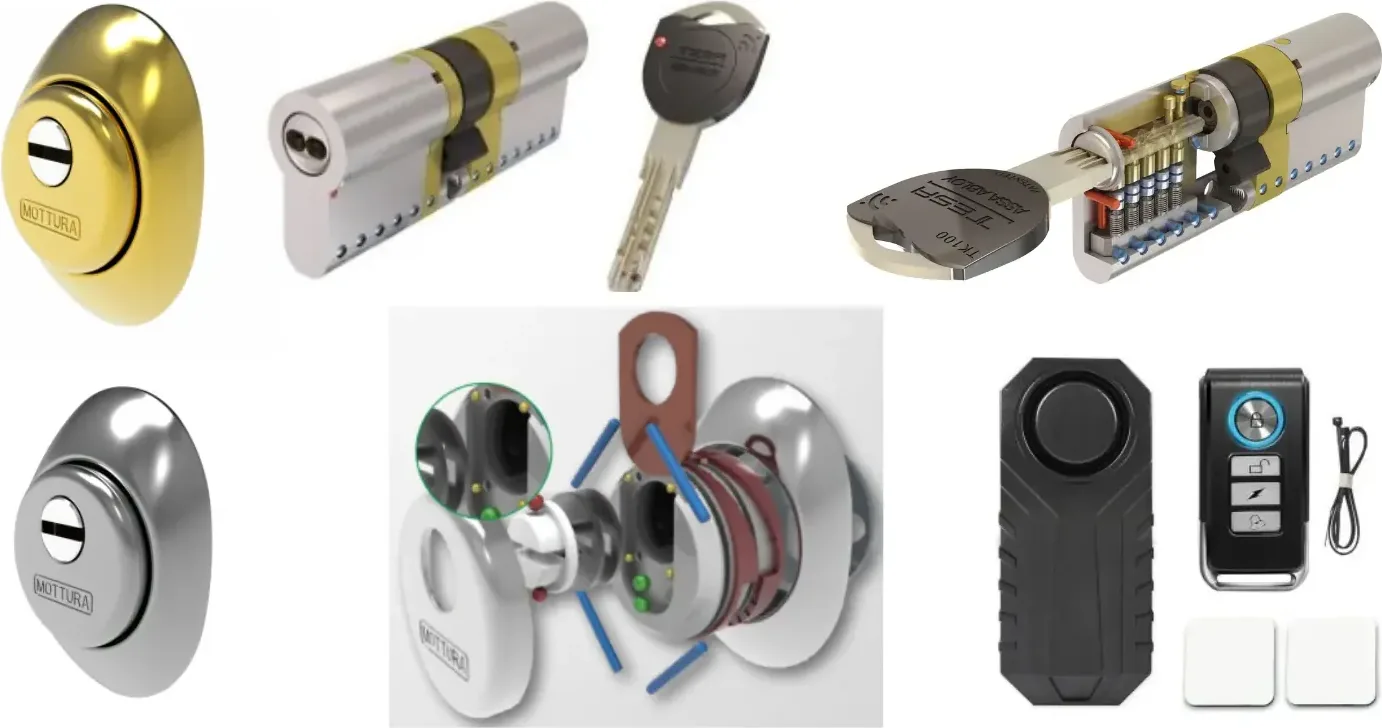 Components del pack cuirassat: cilindre blindat TK100, escuts Mottura i alarma amb comandament