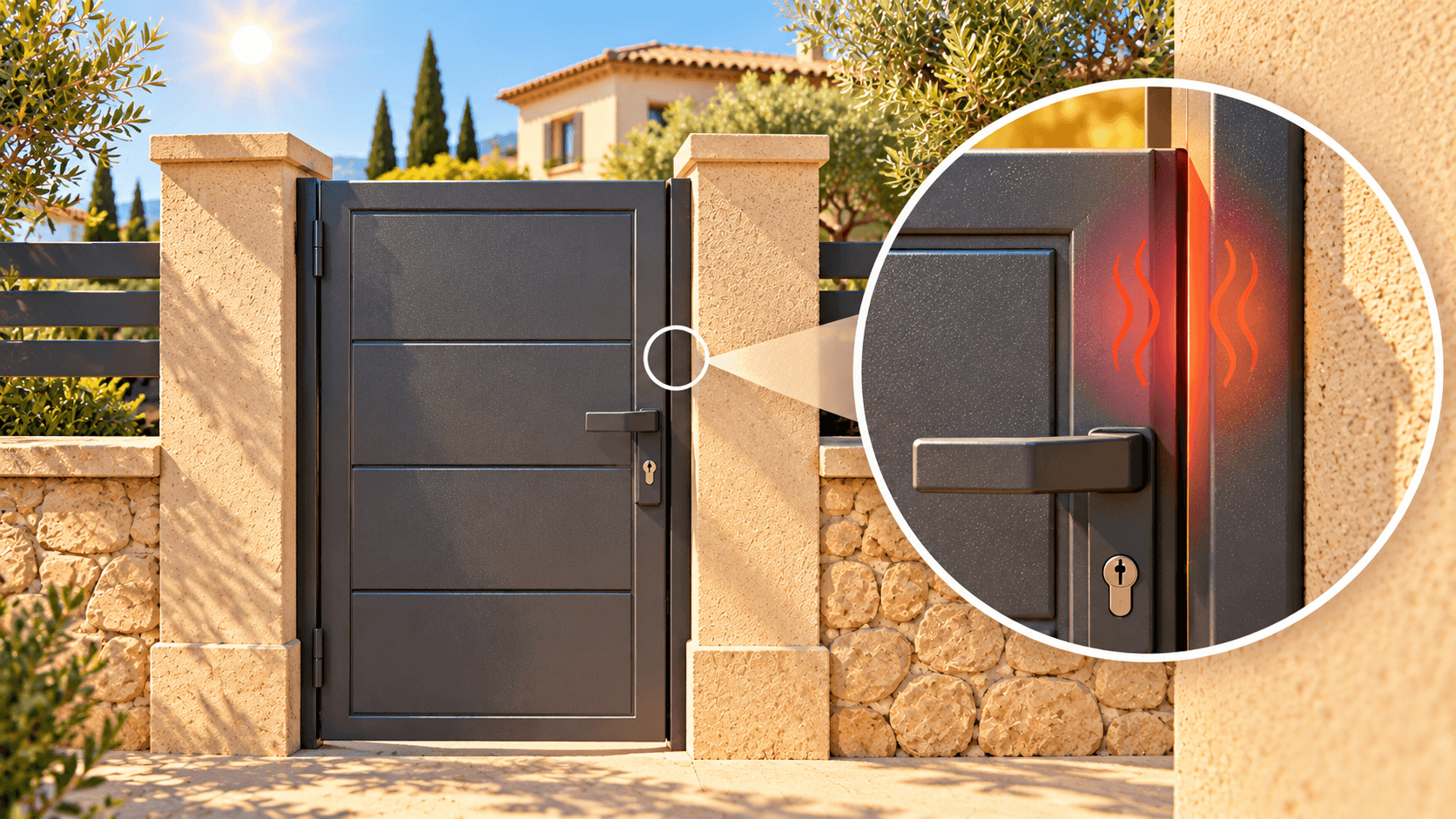 Puerta metálica de acceso a una vivienda unifamiliar encajada en el marco por la dilatación causada por el calor.